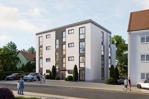 Modernes weißes Apartmentgebäude mit dunklen Akzenten und großen Fenstern, Menschen gehen auf dem Bürgersteig.
